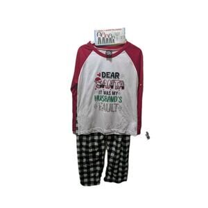 Funny Family Deer Santa Christmas Holiday Pajamas 2 Piece Plaid Women's M